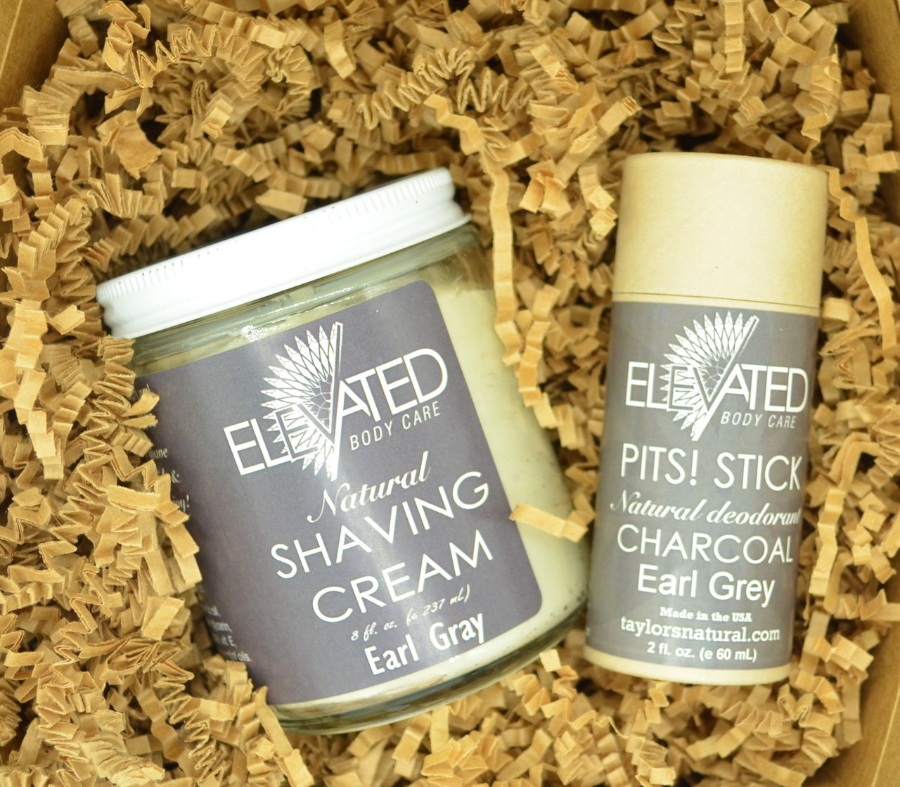 Biodegradable STICK Deodorant + 8oz. Shave Cream in Earl Gray in a Zero-Waste, eco Box with crinkle.